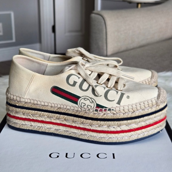 Gucci Canvas Logo Lace-Up Platform Espadrilles - Picture 3 of 7